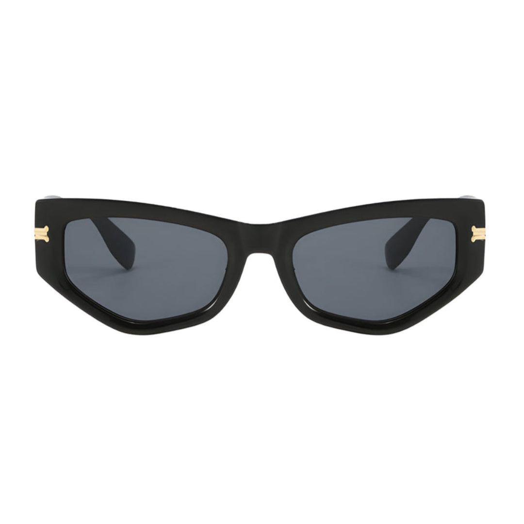 Front view of Luxe women’s cat-eye sunglasses in Black frame with Black lenses, on white background — acetate frame, TAC lenses, 100% UV protection