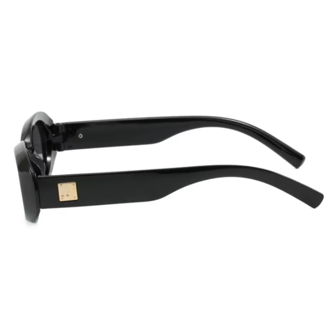 Side view of Vienna women’s oval sunglasses in Black frame with Black lenses, on white background — acetate frame, polycarbonate lenses, 100% UV protection