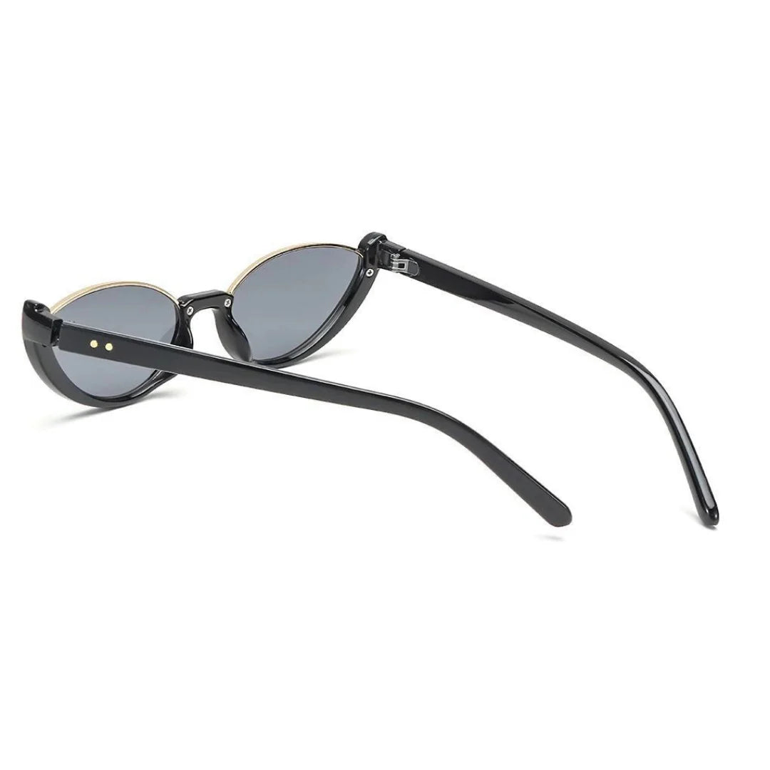 Venice women's cat-eye sunglasses, black premium acetate frame with black TAC lenses offering UV400 protection, rear view with open temples, white background.