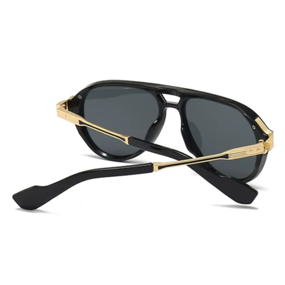 Back view of Astra women’s shades in Black frame with Black lenses, temples crossed, on white background — metal frame, polycarbonate lenses, 100% UV protection