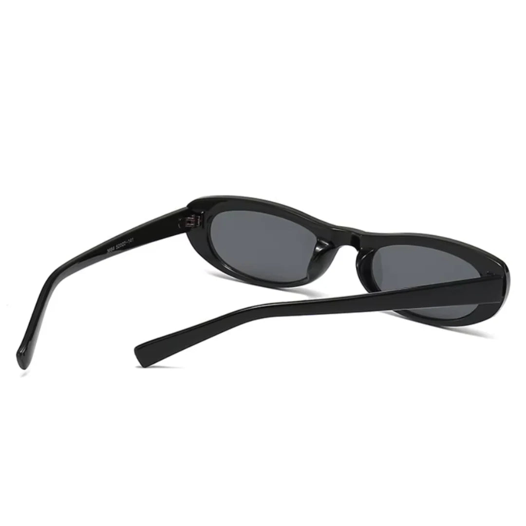 Rear view of Nova oval slim sunglasses in Black frame with Black acrylic lenses, polycarbonate frame, 100% UV protection, temples not crossed, on white background.