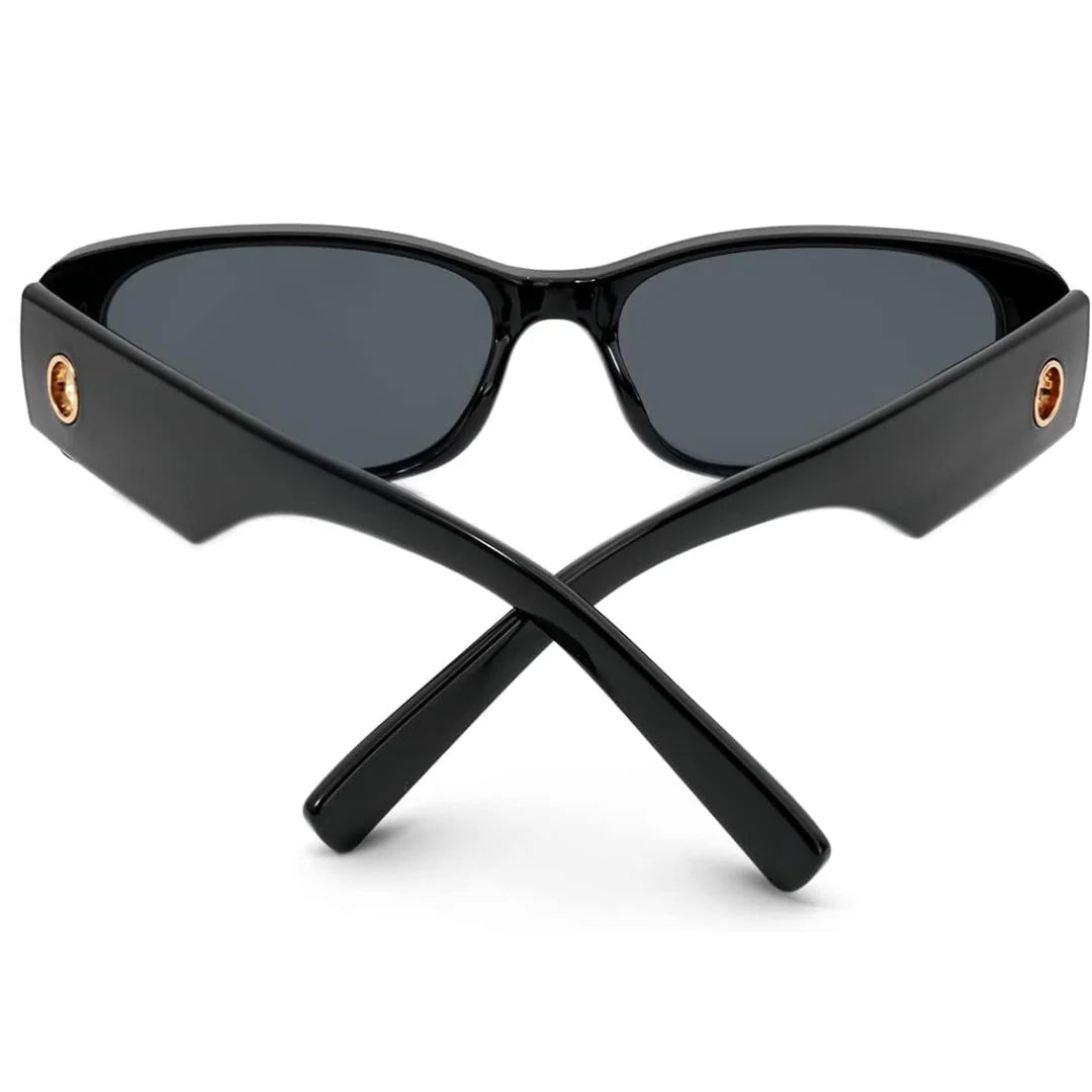 Rear view with crossed temples of Milan women’s rectangular shades in Black frame with Black lenses, on white background — premium acetate frame, Trivex lenses, 100% UV protection