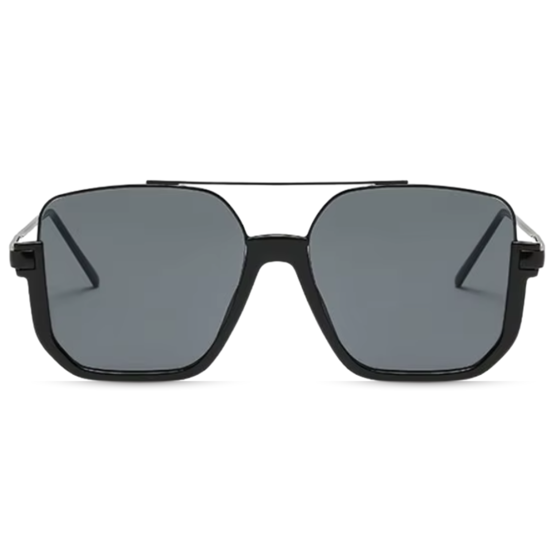 Opéra women's aviator-inspired square sunglasses, black lightweight metal frame with black UV400 resin lenses, frontal view on white background.
