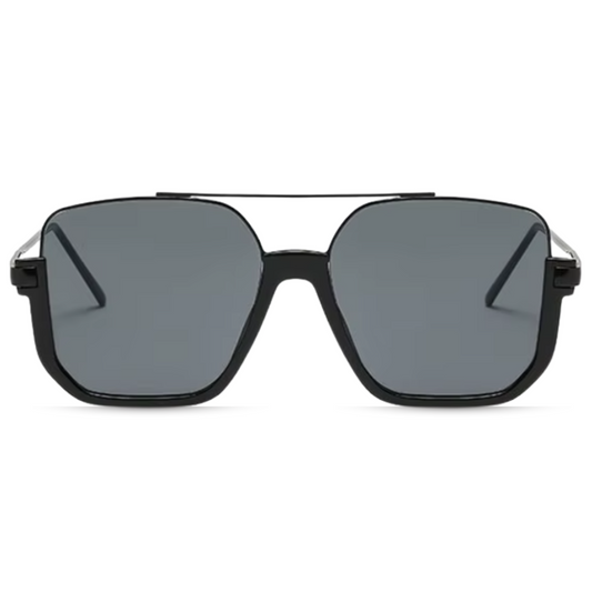 Opéra women's aviator-inspired square sunglasses, black lightweight metal frame with black UV400 resin lenses, frontal view on white background.