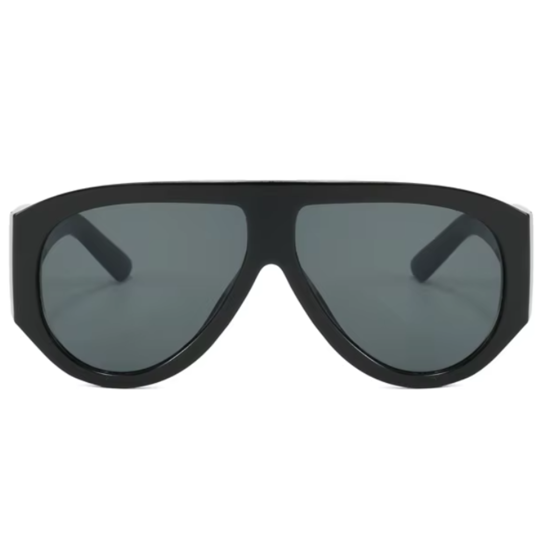 Front view of Delphine women’s shield sunglasses in Black frame with Black lenses, on white background — acetate frame, TAC lenses, 100% UV protection