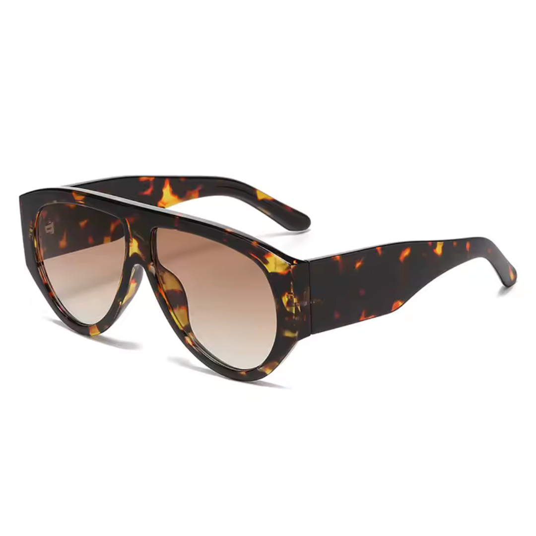 Right 3/4 angle of Delphine women’s shield shades in Tortoise frame with Brown Gradient lenses, on white background — acetate frame, TAC lenses, 100% UV protection