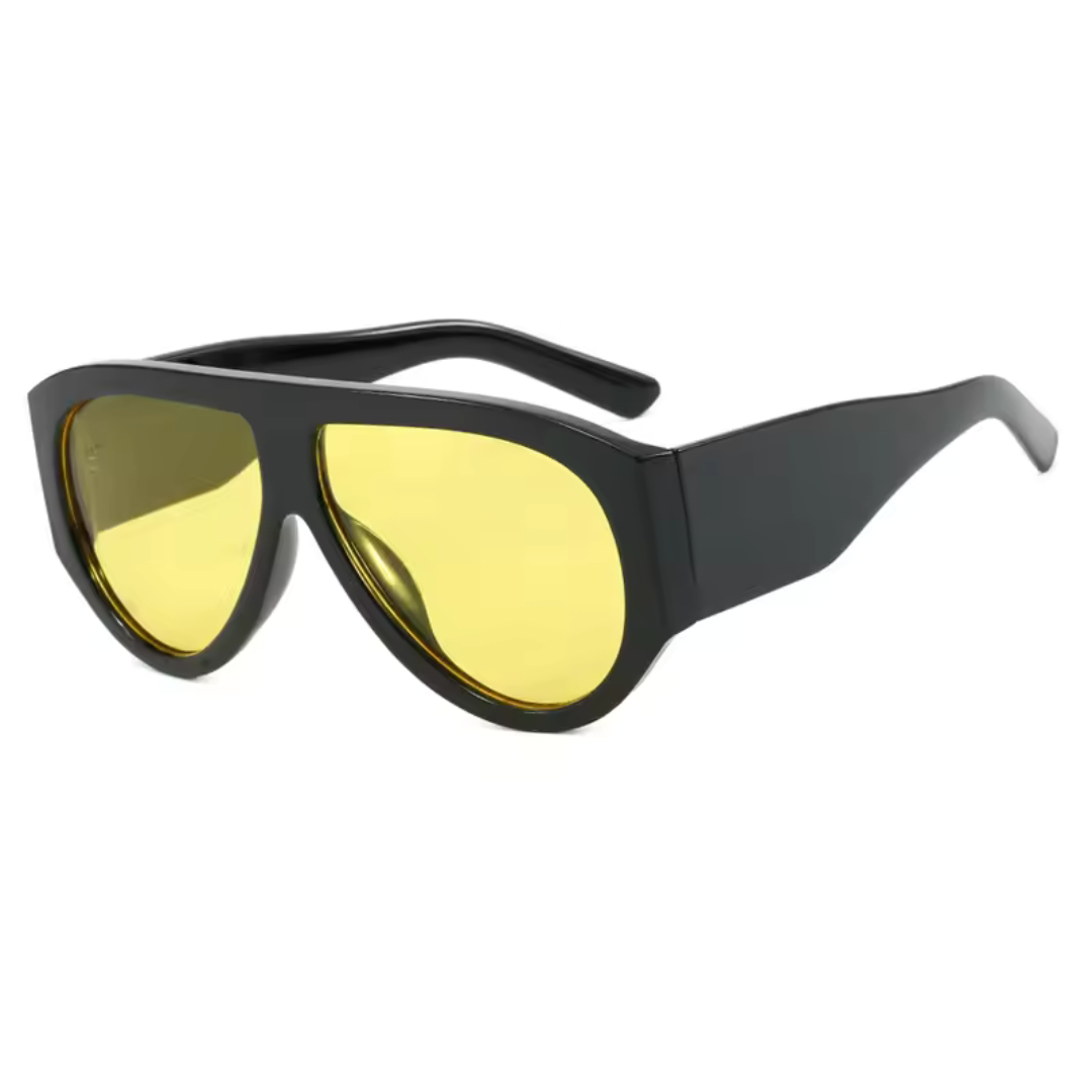 Right 3/4 angle of Delphine women’s shield sunglasses in Black frame with Yellow lenses, on white background — acetate frame, TAC lenses, 100% UV protection