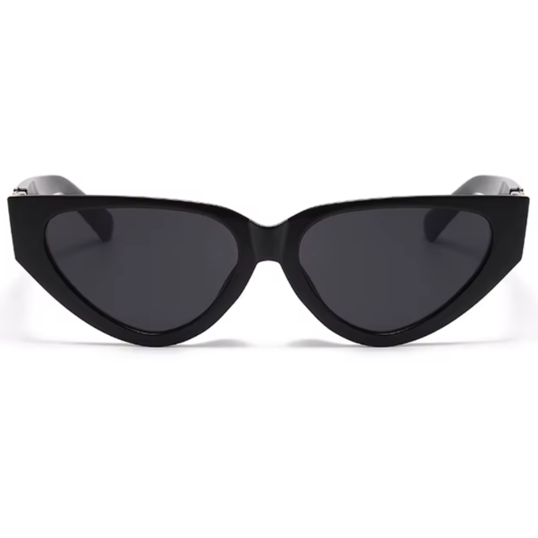 Front view of Riviera women’s cat-eye shades in Black frame with Black lenses, on white background — polycarbonate frame, acrylic lenses, 100% UV protection