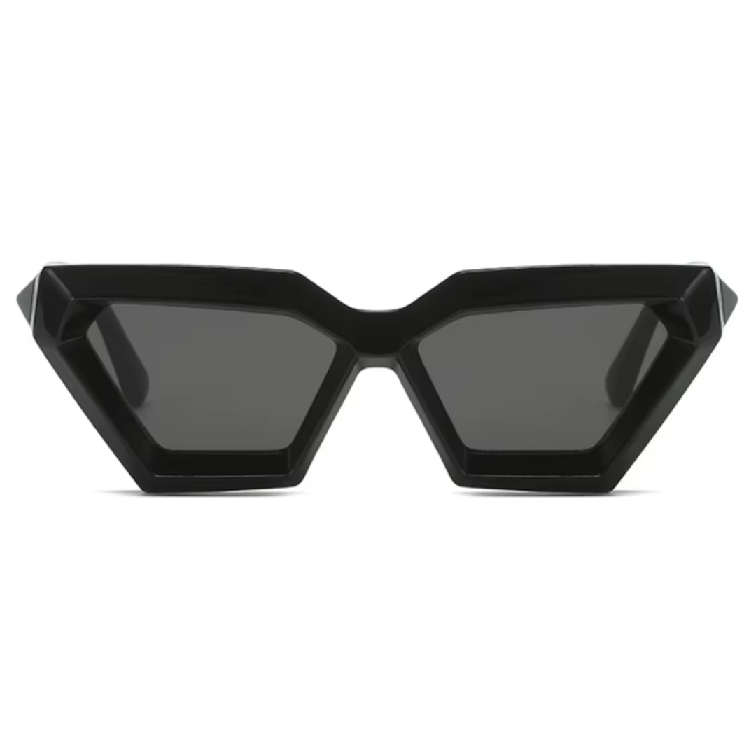 Front view of Paris futuristic geometric sunglasses in Black acetate frame with Black TAC lenses, 100% UV protection, on white background.
