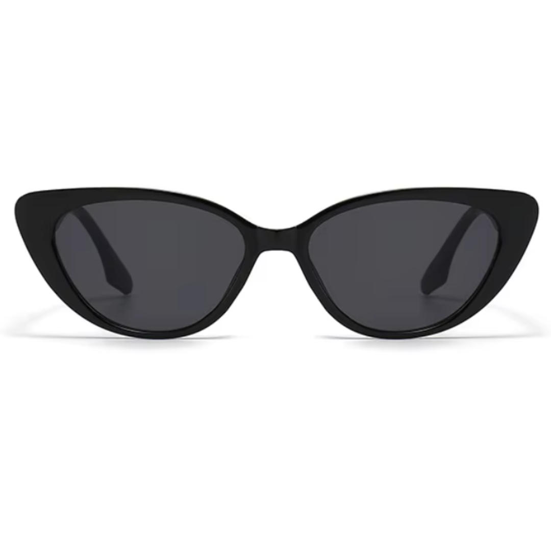 Front view of Noire women’s cat-eye sunglasses in Black frame with Black lenses, on white background — polycarbonate frame, acrylic lenses, 100% UV protection