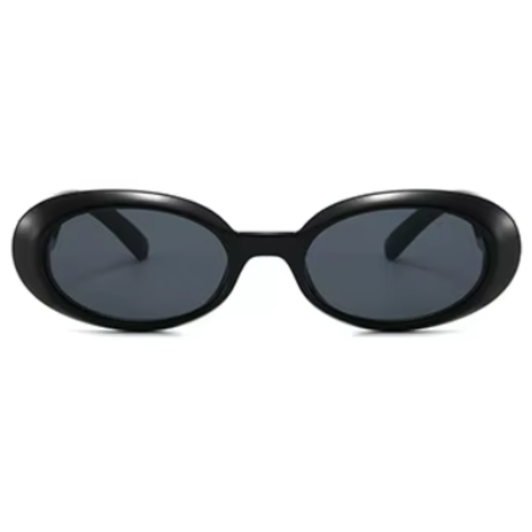 Front view of Vienna women’s oval sunglasses in Black frame with Black lenses, on white background — acetate frame, polycarbonate lenses, 100% UV protection