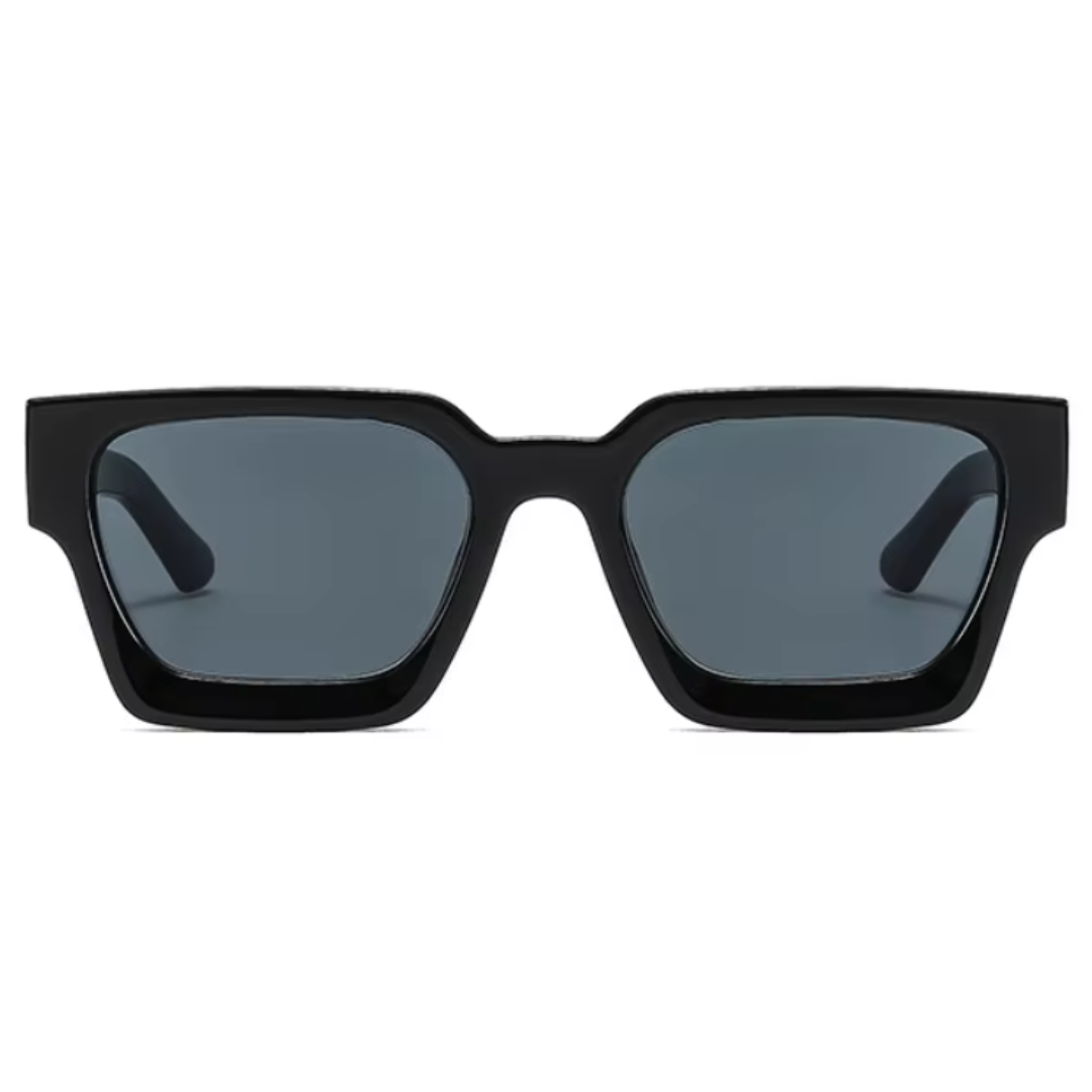 Front view of Valencia women’s square sunglasses in Black frame with Black lenses, on white background — acetate frame, polycarbonate lenses, 100% UV protection"