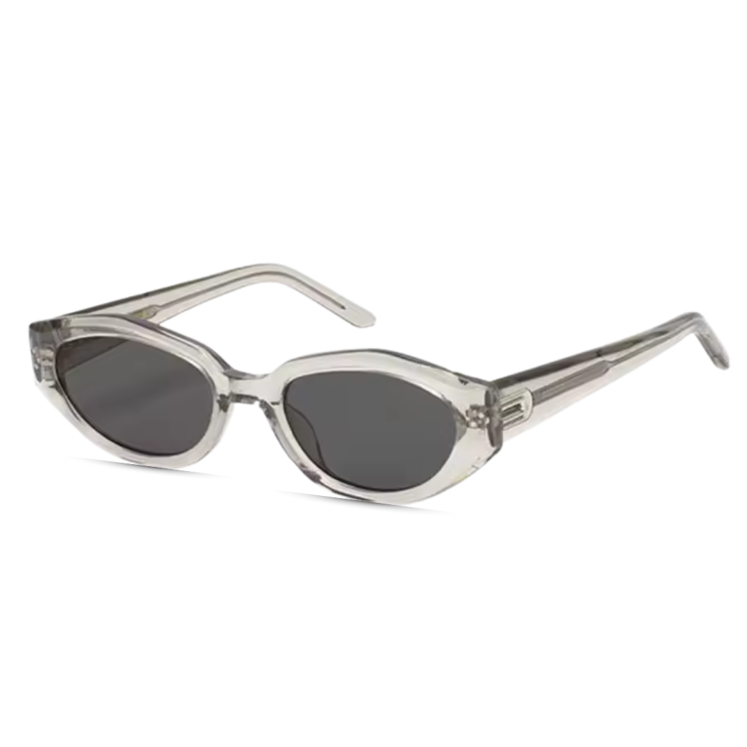 Right 3/4 angle of Serena women’s oval slim sunglasses in Transparent frame with Black lenses, on white background — premium acetate frame, Trivex lenses, 100% UV protection