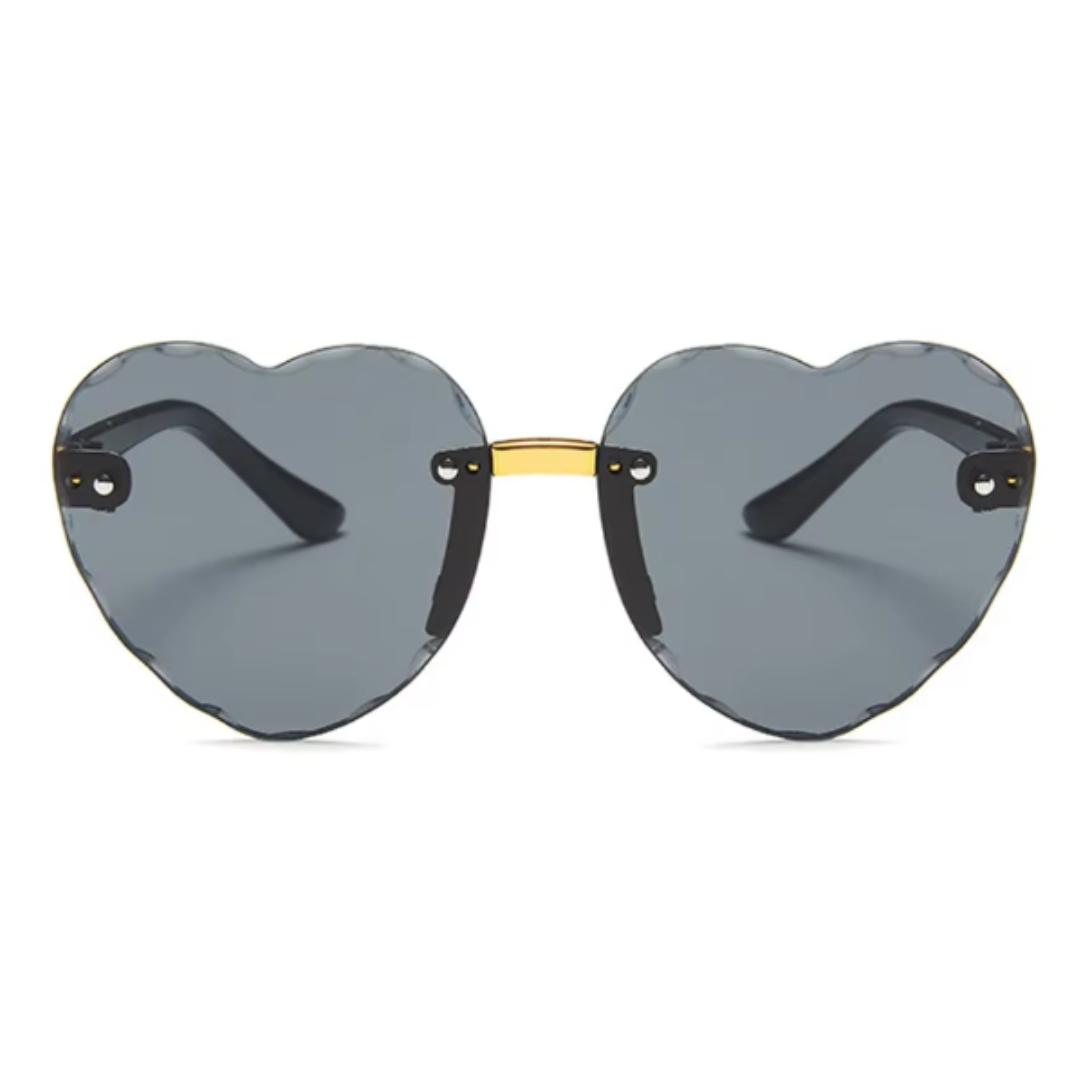 Front view of Noémie women’s heart-shaped shades in Black frame with Black lenses, on white background — polycarbonate frame, polycarbonate lenses, 100% UV protection