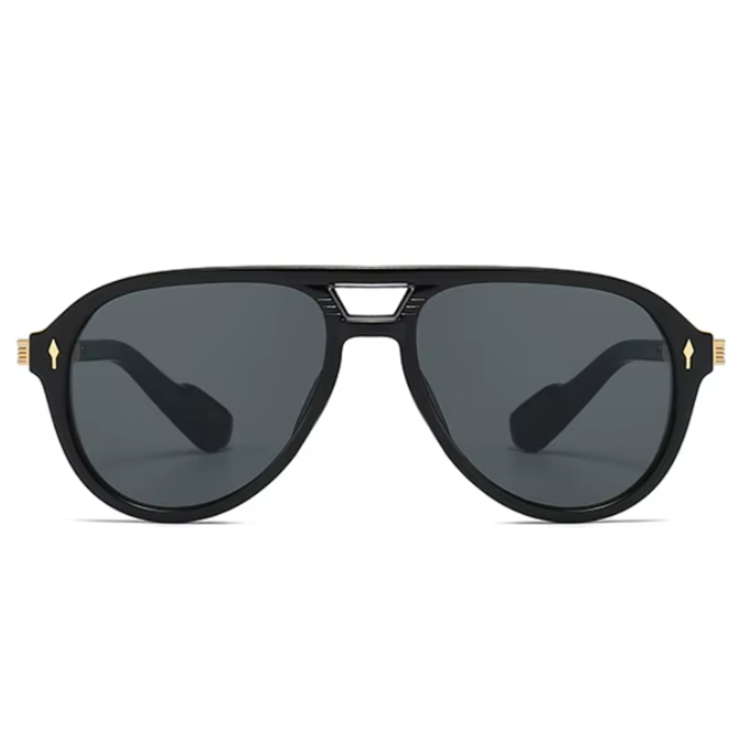 Front view of Astra women’s sunglasses in Black frame with Black lenses, on white background — metal frame, polycarbonate lenses, 100% UV protection