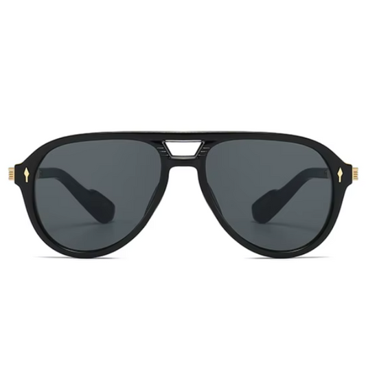 Front view of Astra women’s sunglasses in Black frame with Black lenses, on white background — metal frame, polycarbonate lenses, 100% UV protection