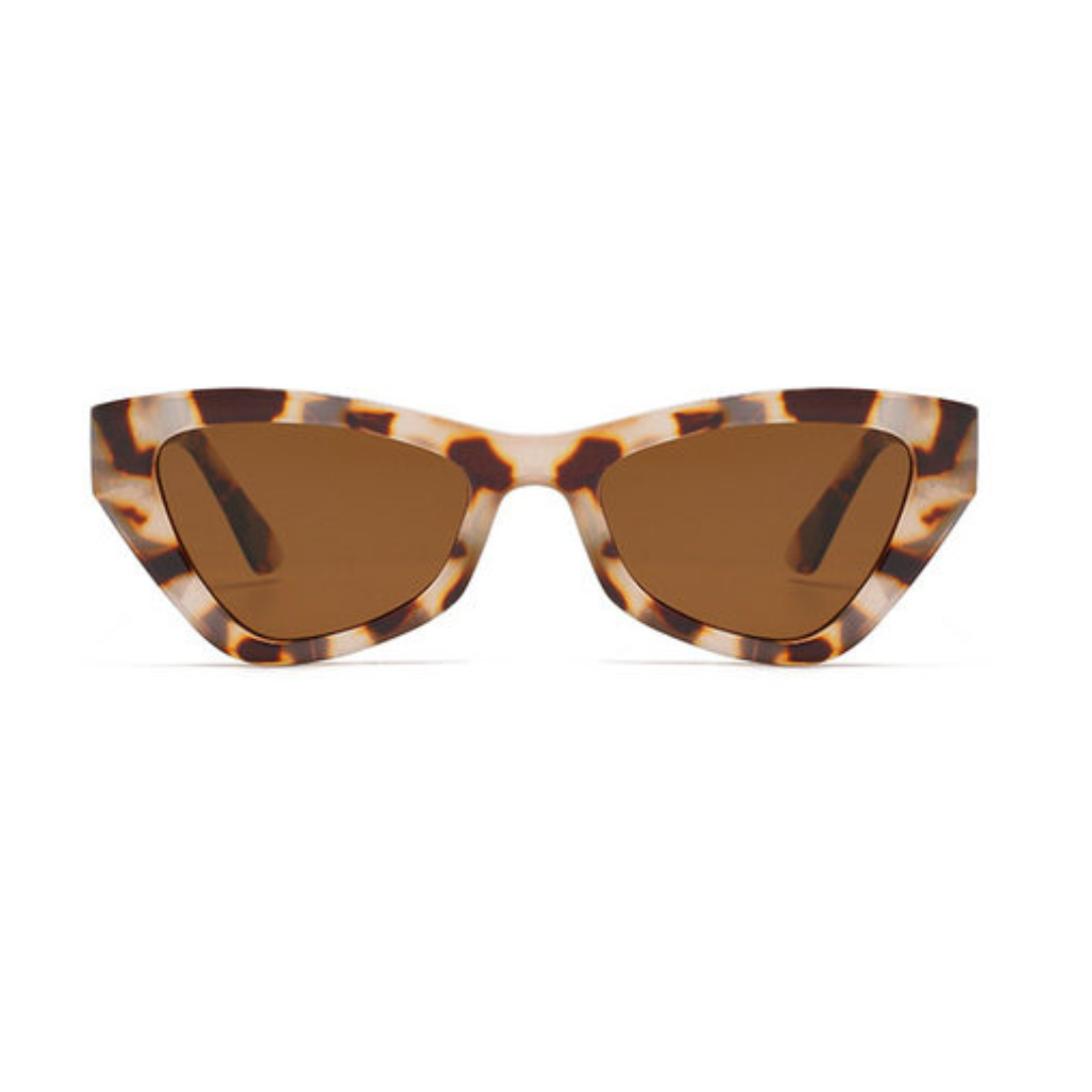 Vibea cat-eye women's shades in Leopard acetate frame with amber TAC lenses, 100% UV protection, front view on white background