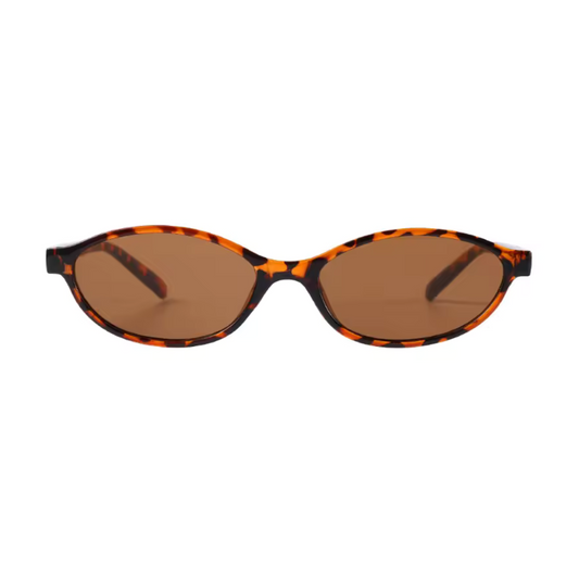 Boldé oval slim women's sunglasses in Leopard polycarbonate frame with amber polycarbonate lenses, 100% UV protection, front view on white background