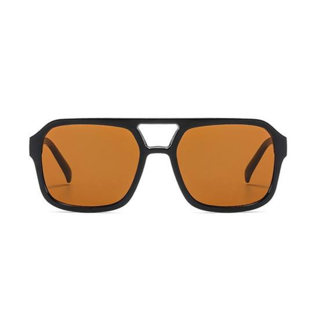 Zentha square shield women's shades in Black frame with amber lenses, front view on white background