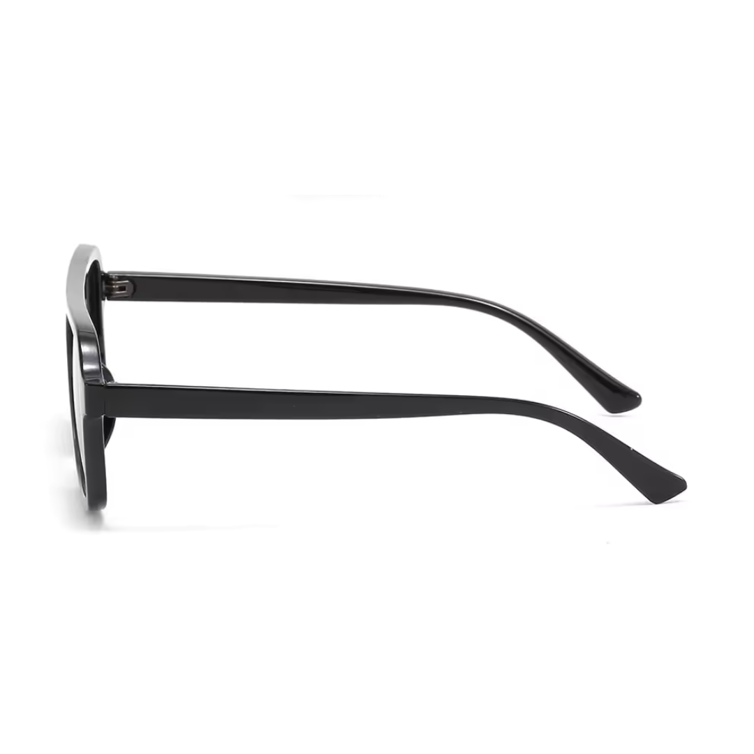 Zentha square shield women's shades in Black frame with black lenses, side view on white background