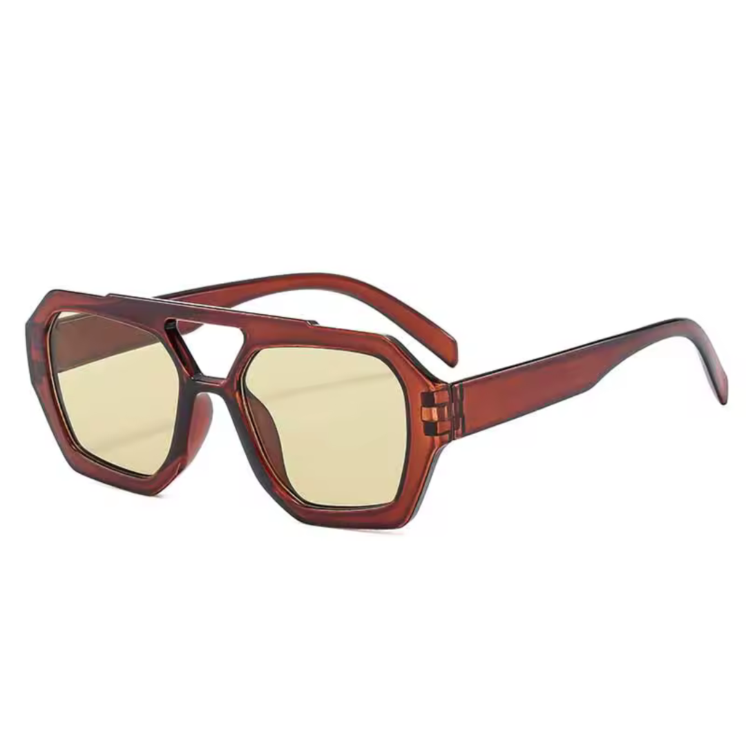 Ravena aviator women's sunglasses in Brown frame with soft green lenses, right 3/4 angle on white background