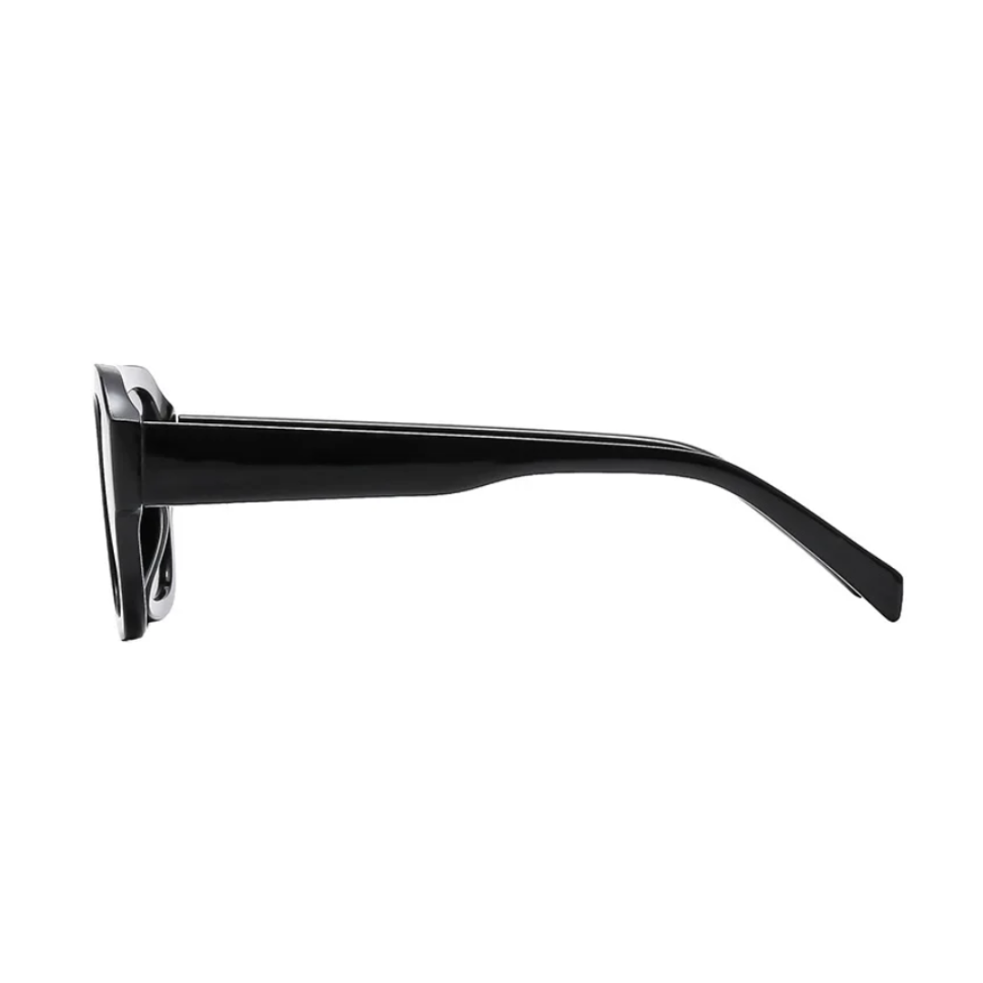 Elyss shield women's shades in black acetate frame with black TAC lenses, 100% UV protection, side view on white background