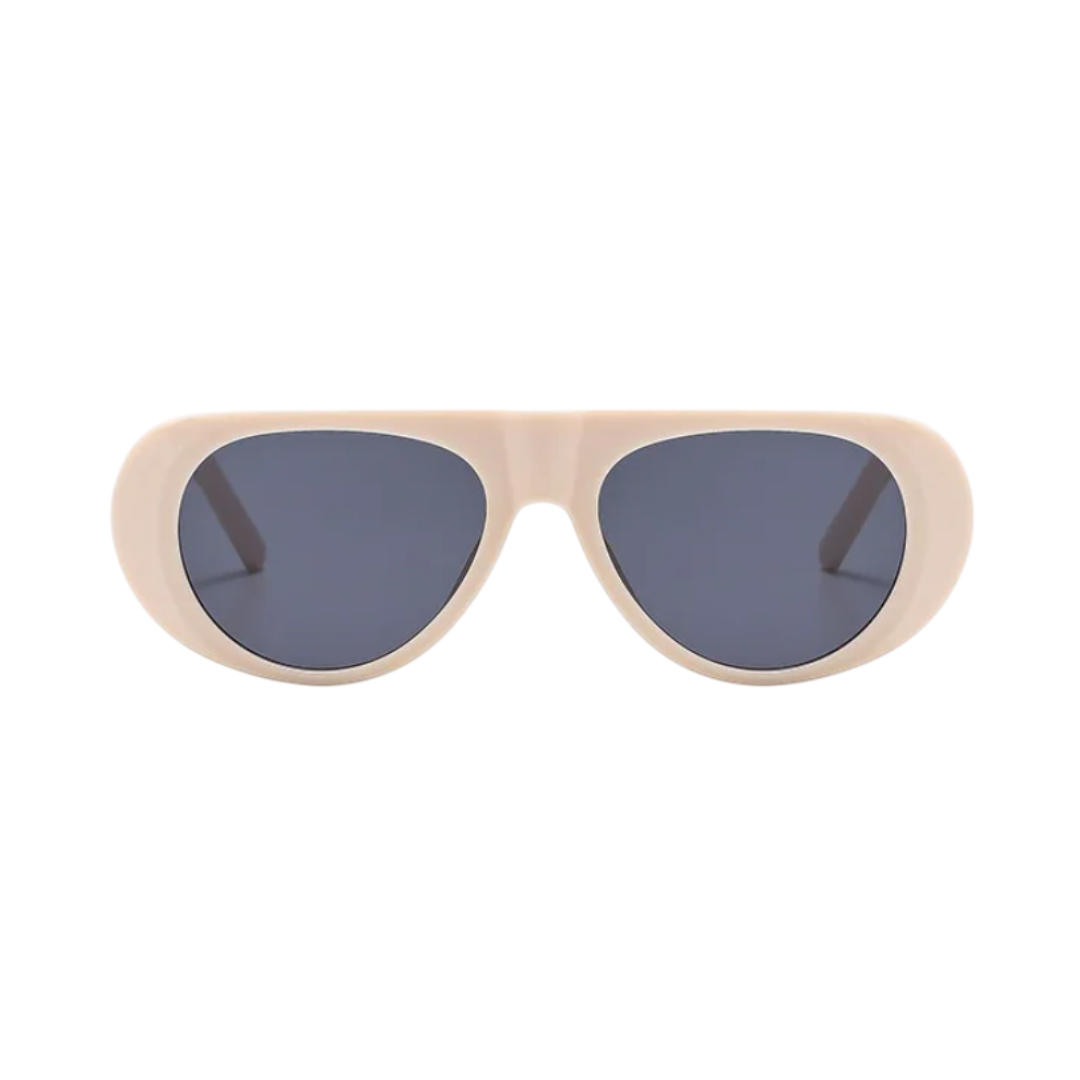 Nyara shield women's shades in beige acetate frame with black TAC lenses, 100% UV protection, front view on white background