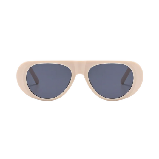 Nyara shield women's shades in beige acetate frame with black TAC lenses, 100% UV protection, front view on white background
