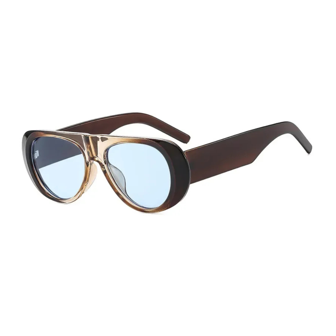 Nyara shield women's sunglasses in brown acetate frame with soft blue TAC lenses, 100% UV protection, right 3/4 angle view on white background
