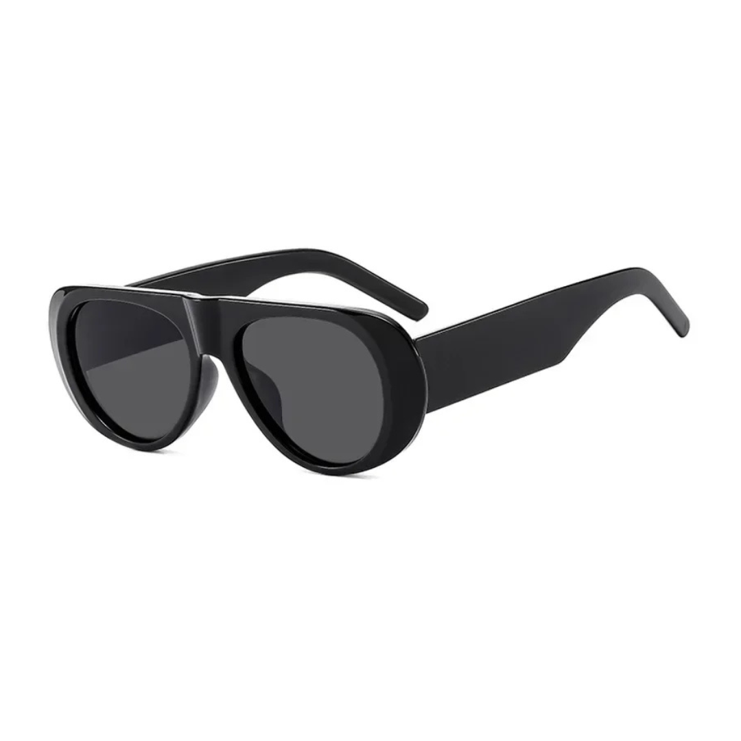 Nyara shield women's shades in black acetate frame with black TAC lenses, 100% UV protection, right 3/4 angle view on white background