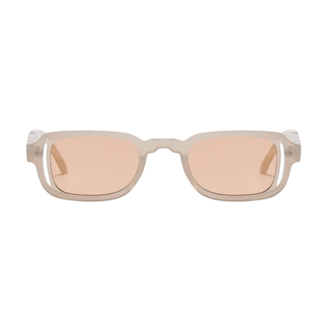 Soraya rectangular women's sunglasses in transparent rose polycarbonate frame with soft beige acrylic lenses, 100% UV protection, front view on white background