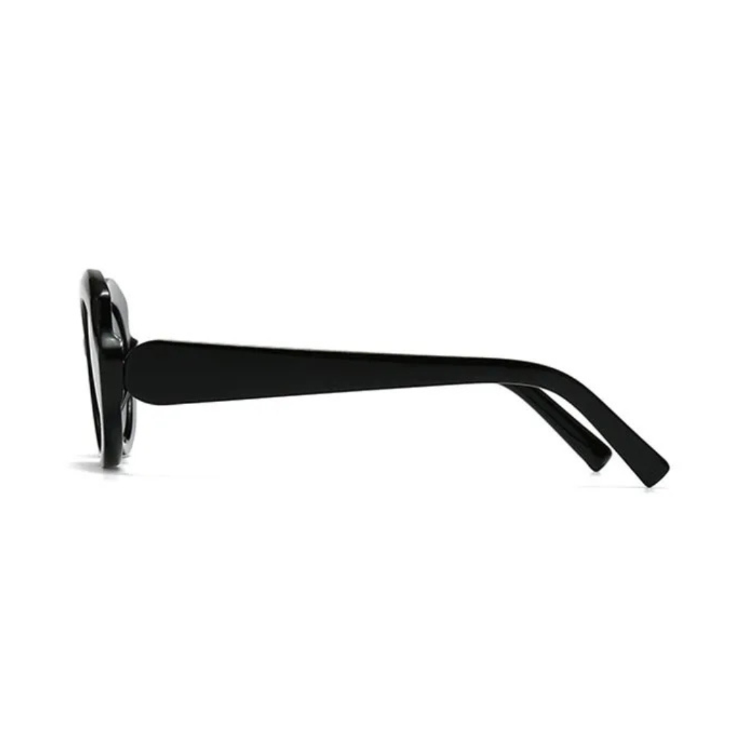 Amoura oversized round women's sunglasses in black acetate frame with black polycarbonate lenses, 100% UV protection, side view on white background