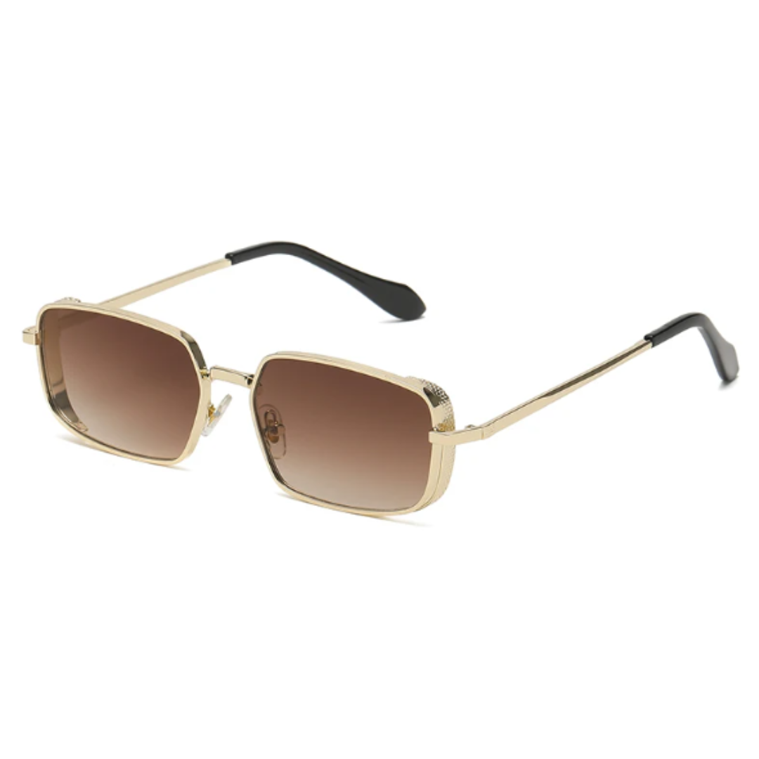 Nuvée rectangular women's shades in Gold frame with brown gradient lenses, right 3/4 angle on white background