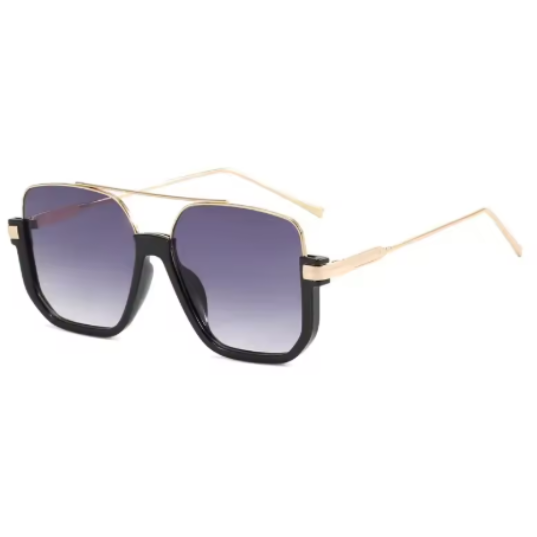 Alt text: Opéra women's aviator-inspired square sunglasses, gold lightweight metal frame with purple gradient UV400 resin lenses, 3/4 right angle view on white background.