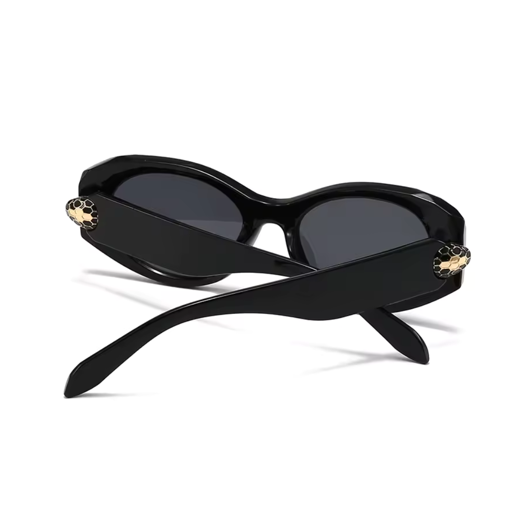 Rear view of Selene women’s wide oval sunglasses in Black frame with Black lenses, temples crossed, on white background — acetate frame, TAC lenses, 100% UV protection