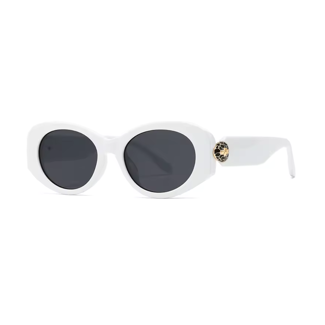 Selene women’s wide oval  shades in White frame with Black lenses, left 3/4 angle on white background — acetate frame, TAC lenses, 100% UV protection