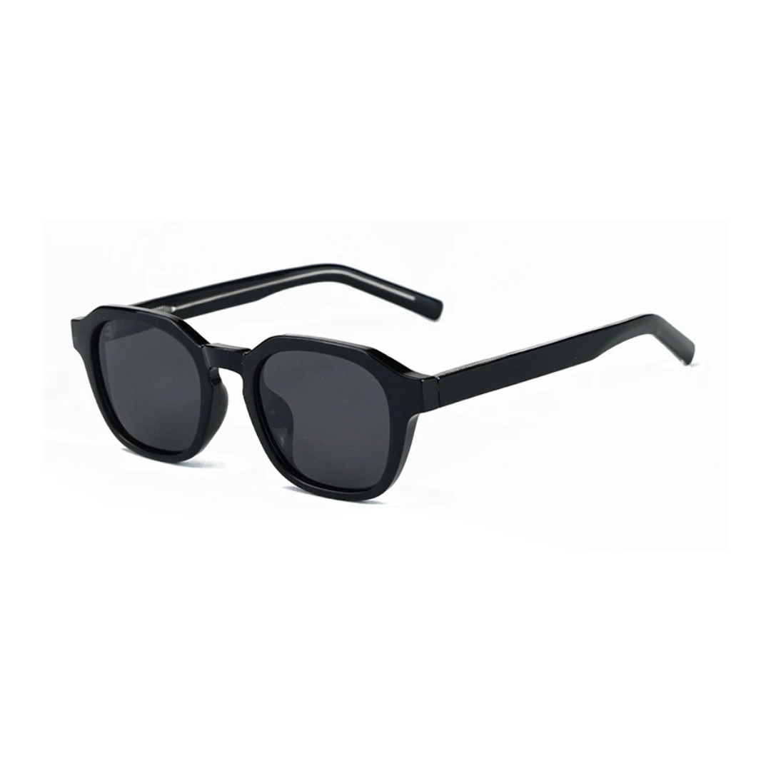 Mirage women’s square sunglasses in Black frame with Black lenses, right 3/4 angle on white background — acetate frame, TR90 lenses, 100% UV protection