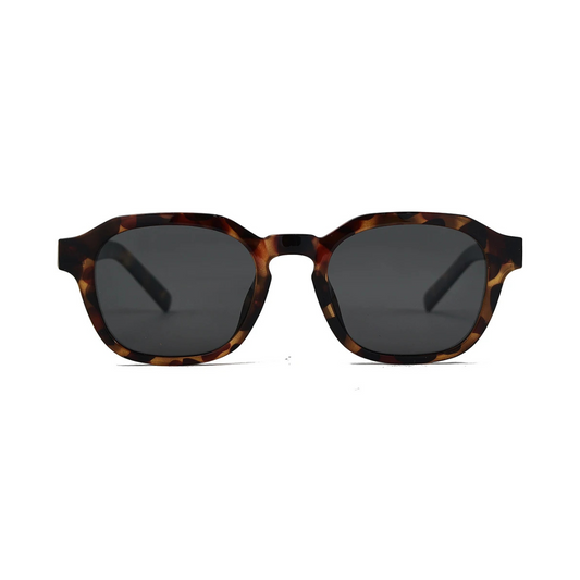 Front view of Mirage women’s square sunglasses in Tortoise frame with Black lenses, on white background — acetate frame, TR90 lenses, 100% UV protection