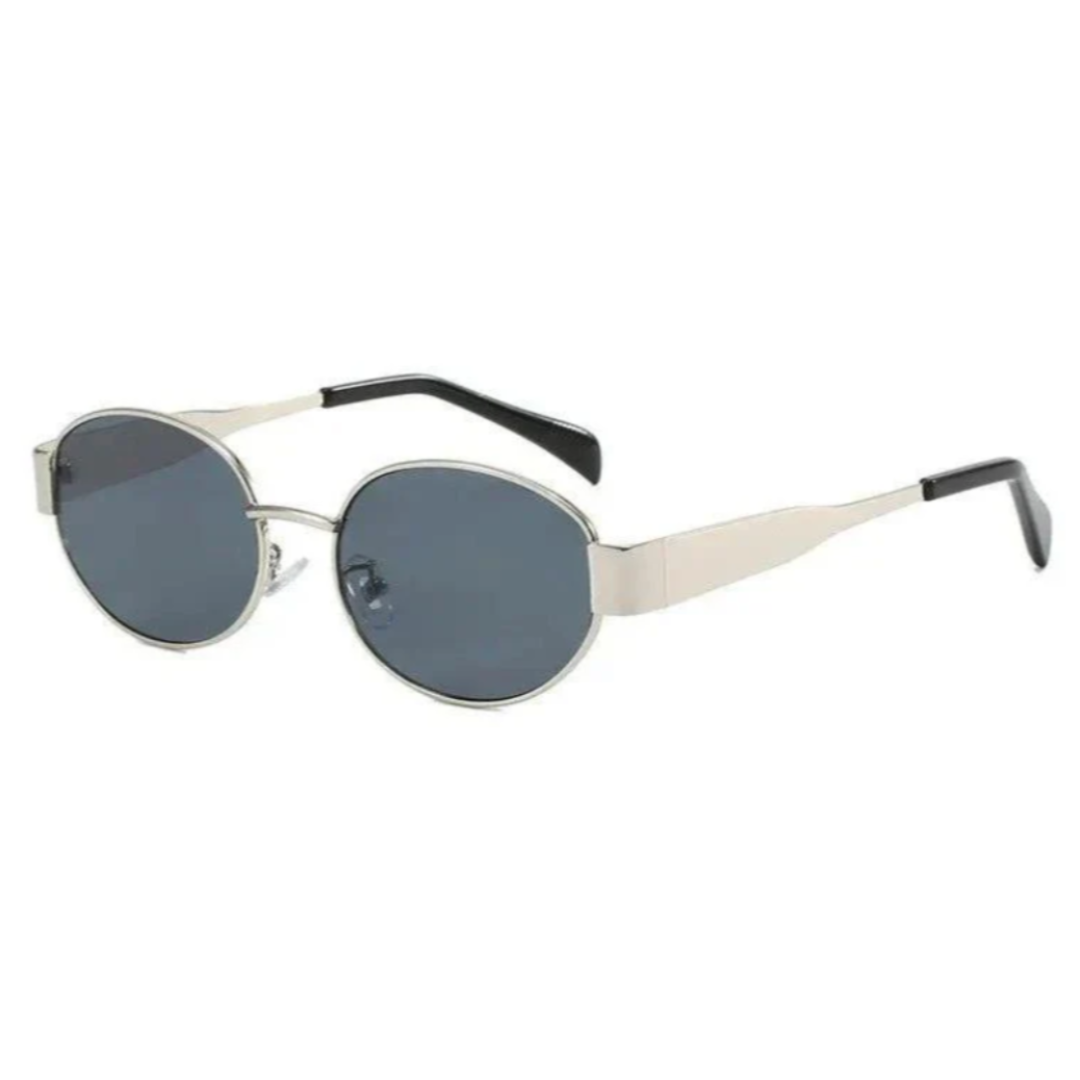 Right 3/4 angle of Aurora women’s retro oval Shades in Gunmetal frame with Black lenses, on white background — stainless steel frame, polycarbonate lenses, UV400 protection