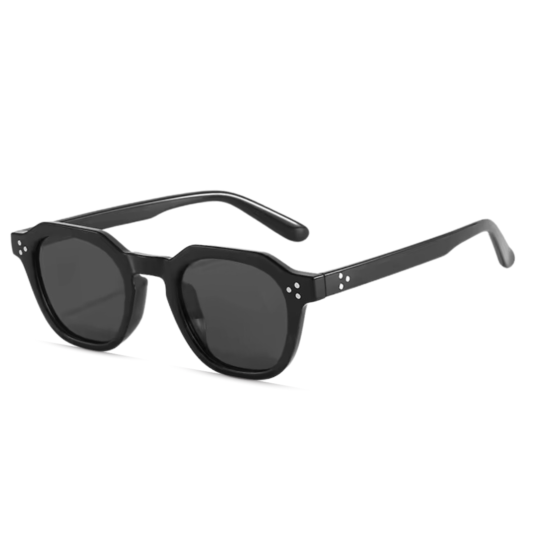 Women’s shades Valora, square geometric style, 3/4 right angle view in Black–Black (black frame, black lenses) on white background.