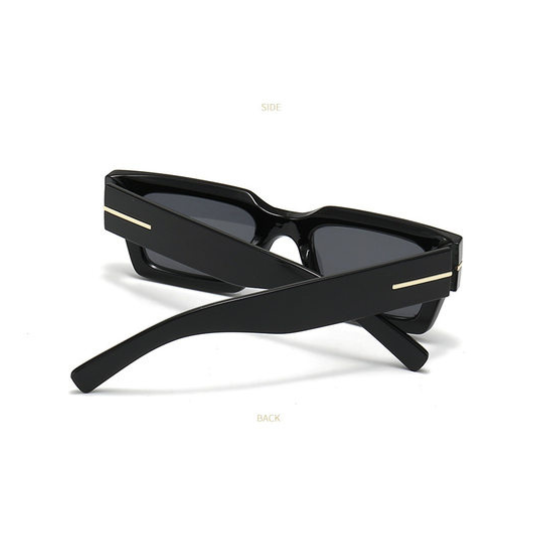 Vesper rectangular women's sunglasses in Black acetate frame with black TAC lenses, 100% UV protection, rear view with crossed temples on white background