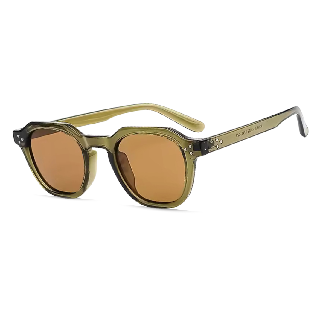 Women’s shades Valora, square geometric style, 3/4 right angle view in Olive–Amber (olive frame, amber lenses) on white background.