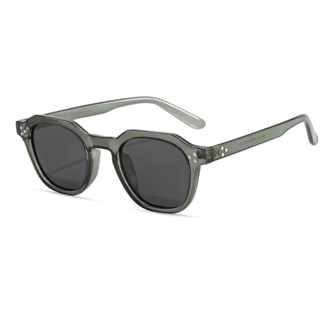 Women’s sunglasses Valora, square geometric style, 3/4 right angle view in Transparent Gray–Black (transparent gray frame, black lenses) on white background.