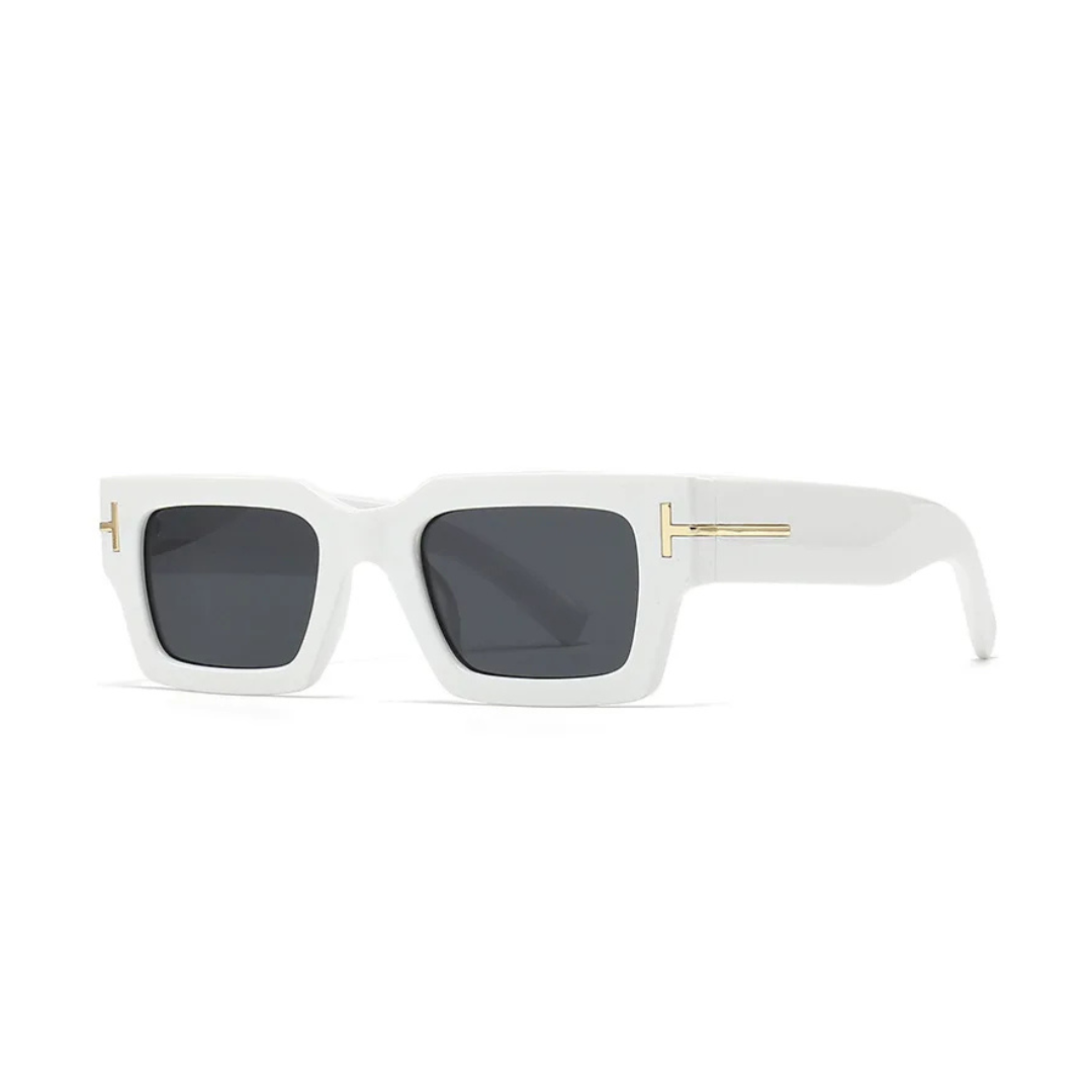 Vesper rectangular women's sunglasses in White acetate frame with black TAC lenses, 100% UV protection, left 3/4 angle on white background