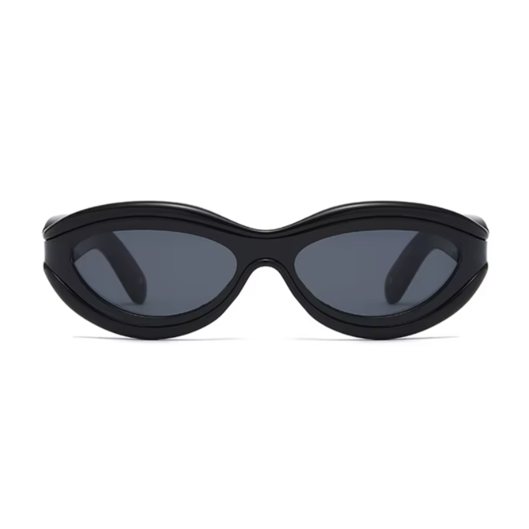 Front view of Isla women’s oval sunglasses in Black frame with Black lenses, on white background — acetate frame, TAC lenses, 100% UV protection