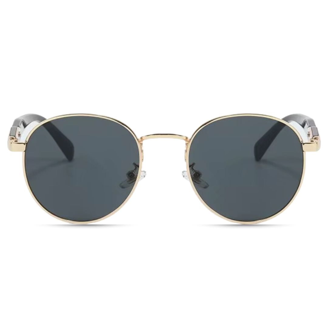 Front view of Domina women’s round sunglasses in Black frame with Black lenses, on white background — metal frame, polycarbonate lenses, 100% UV protection