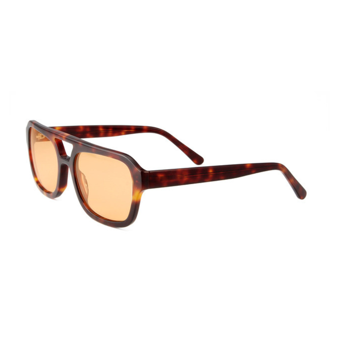 Sorella rectangular women's sunglasses in Tortoise acetate frame with amber Trivex lenses, 100% UV protection, left 3/4 angle on white background