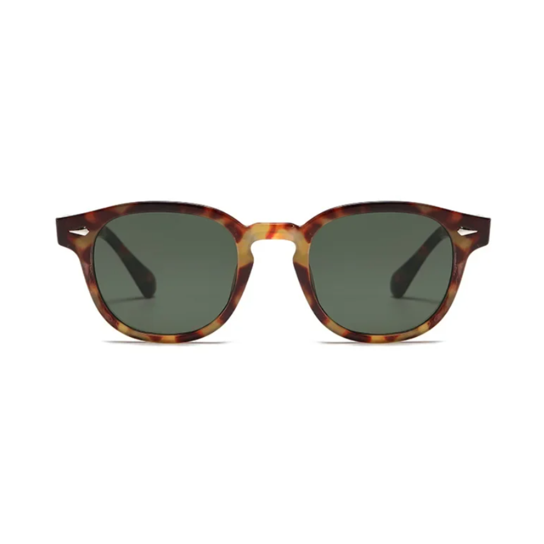 Mavie panto women's shades in Tortoise acetate frame with dark green polycarbonate lenses, 100% UV protection, front view on white background