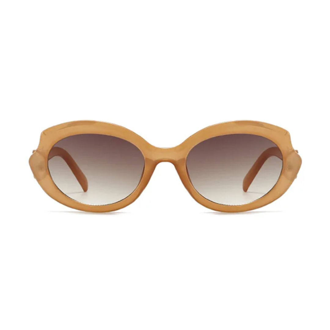 Amoura oversized round women's sunglasses in amber acetate frame with brown gradient polycarbonate lenses, 100% UV protection, front view on white background
