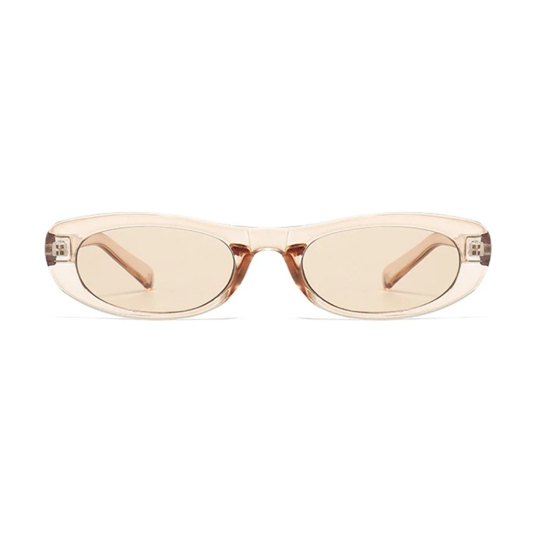 Front view of Nova oval slim sunglasses in Transparent Rosé frame with Soft Beige acrylic lenses, polycarbonate frame, 100% UV protection, on white background.